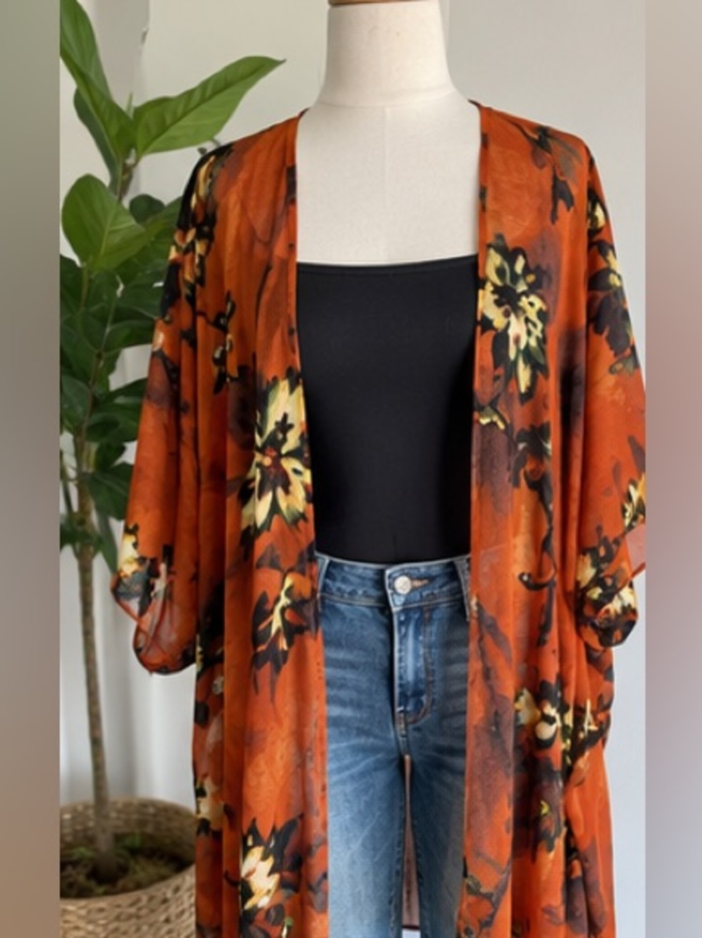 Rust Floral Open-Front Tunic Kimono